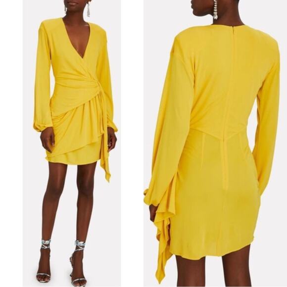 DUNDAS Dresses & Skirts - Dundas Yellow Beau Faux Wrap Long Sleeve Plunging V Neck Mini Dress Size 2
